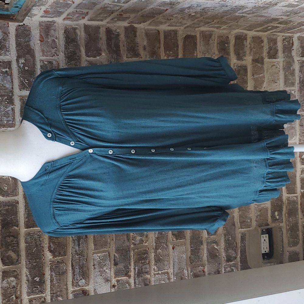 Free People Beach Linen Blend Ruffle Hem Tunic Teal Button Up Loose Fit Top